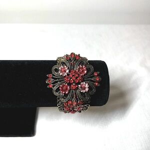 Vintage Large Pink and Red Floral and Jeweled Cuff Bracelet. Unique. Interesting